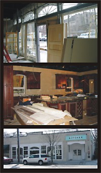 718 Beacon Street, Newton Center 2002 under construction - old windows from inside; vignettes under construction; storefront almost finished